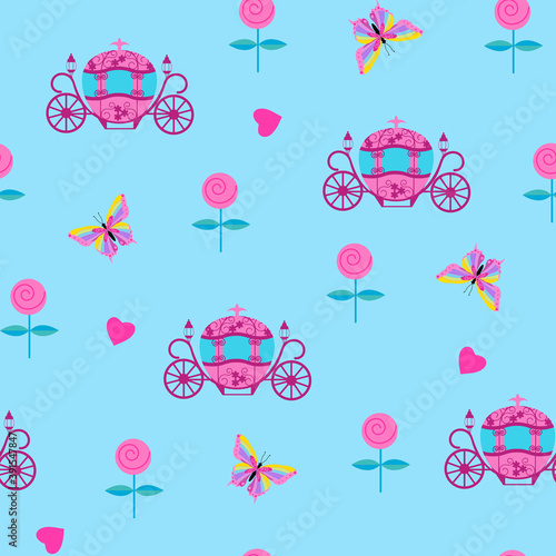 Seamless beautiful childish pattern with a carriage for Cinderella, a butterfly and roses.