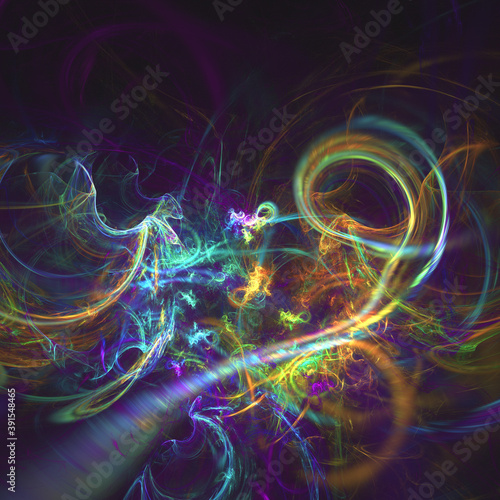 Fractal multi colored swirls over dark space abstract background image