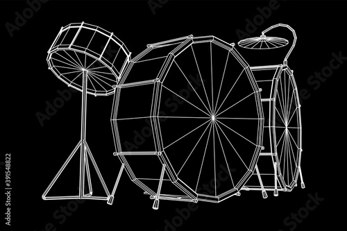 Musical instruments set. Rock band drum kit. Percussion musical instrument drums, stick and cymbal. Wireframe low poly mesh vector illustration.