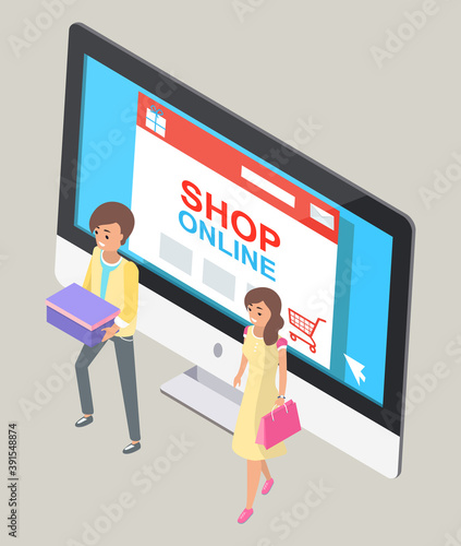 Online store concept. Happy man with box and woman with bag buyer go from the store with purchases. Internet shopping order products from home. Computer monitor with the image of an online store site