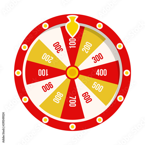 Wheel of fortune with winning numbers and sector bankrupt and bonus, flat style illustration. Game fortune wheel concept. Casino and gambling vector. Icon of casino fortune, wheel winner game