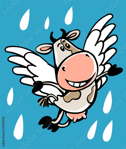 Vector cartoon animal. A cheerful funny cow flies on its wings. On a blue background. Milk drops. The concept of business, advertising, trade, profit, bonuses, discounts and promotions.