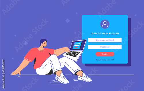 Log in and account authentication blank form. Flat teenage man sitting with laptop and pushing red button of the website login empty form. Password security and access protection while sign in form