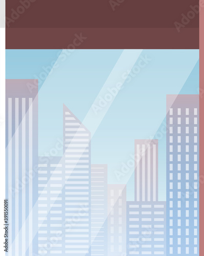 Skyscraper building in city space view from the window. Vector design modern urban landscape city life illustration with house facades. Industrial constructions with apartments and office premises