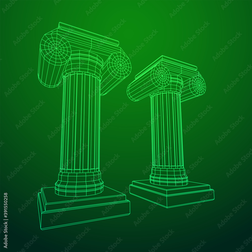 Greek ionic column. Ancient pillars roman antique architecture construction decoration. Wireframe low poly mesh vector illustration. Greek ionic column. Ancient pillars roman antique architecture construction decoration. Wireframe low poly mesh vector illustration.