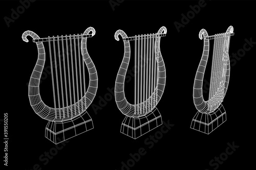 Ancient lyre or harp musical instrument. Music concept. Wireframe low poly mesh vector illustration.