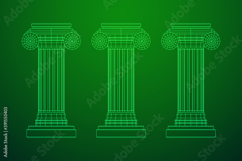 Greek ionic column. Ancient pillars roman antique architecture construction decoration. Wireframe low poly mesh vector illustration.