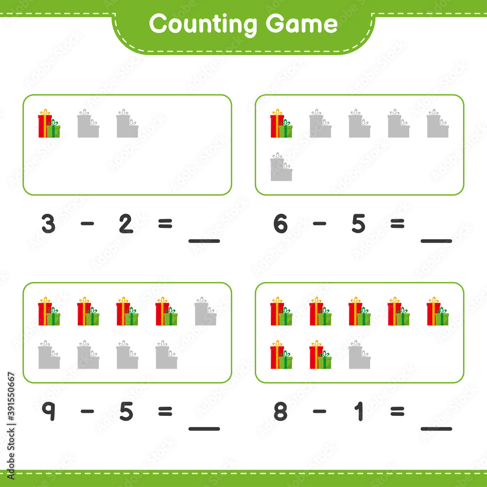 Counting game, count the number of Gift Boxes and write the result. Educational children game, printable worksheet, vector illustration