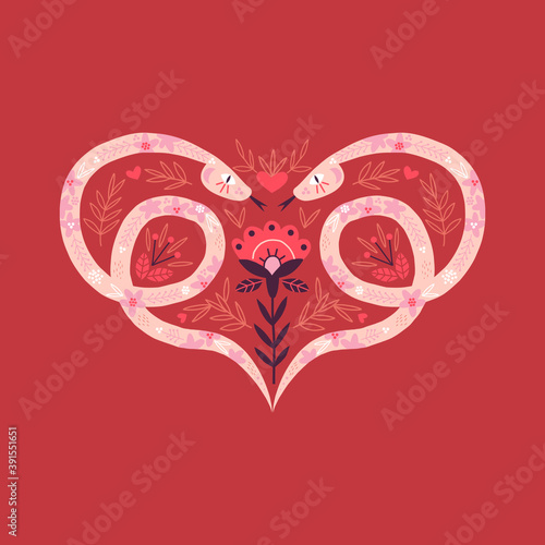 Ornate Folk Floral Boho Snake Heart symmetrical illustration in earthy warm palette
