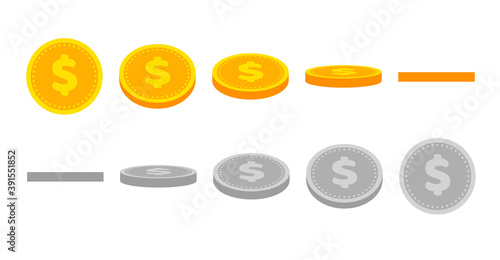 Gold dollar coin animation for game and apps. Vector golden coins in different shapes or position. Illustration of money turn around. Growth, income, savings, investment.