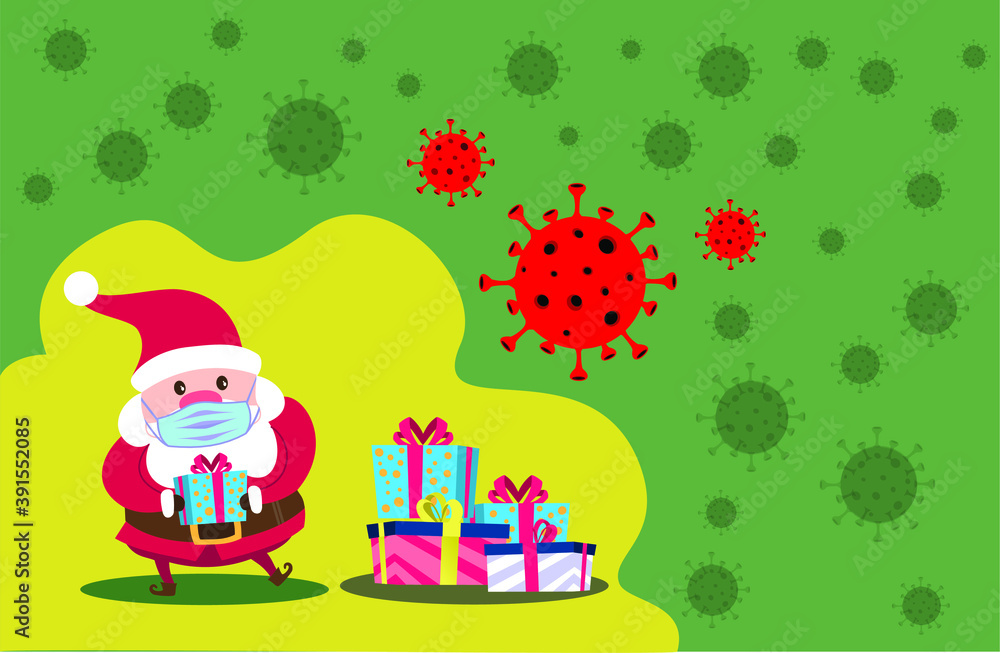 Santa Claus wearing medical mask on face to prevent Covid-19 icon vector. Santa Claus with protective mask holding gift box cartoon character. Santa with coronavirus mask icon. COVID-19 Christmas icon Santa Claus wearing medical mask on face to prevent Covid-19 icon vector. Santa Claus with protective mask holding gift box cartoon character. Santa with coronavirus mask icon. COVID-19 Christmas icon