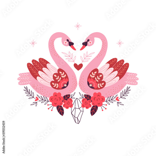 Ornate Folk Floral Boho Swan bird couple symmetrical illustration isolated on white background
