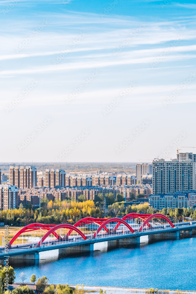 Fototapeta premium Scenery of Liaohe River and rainbow bridge in Inner Mongolia, China