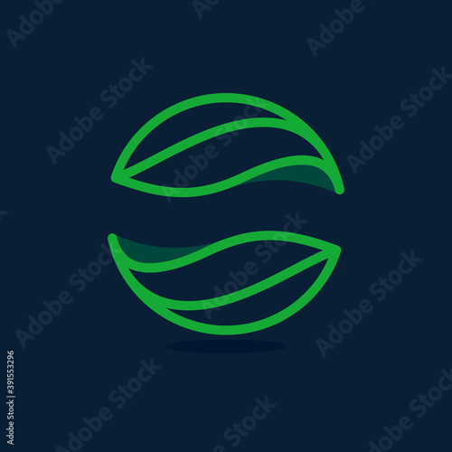 Ecology sphere line logo made of twisted green leaves.