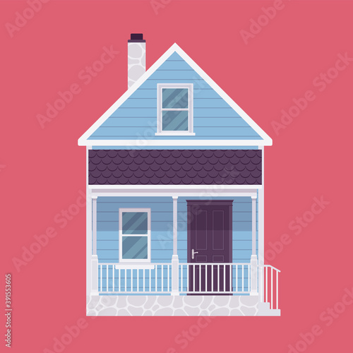 Wooden country house, dacha, small cottage. Painted natural wood facade, organic timber building industry, compact holiday residence pleasant to live and relax. Vector flat style cartoon illustration