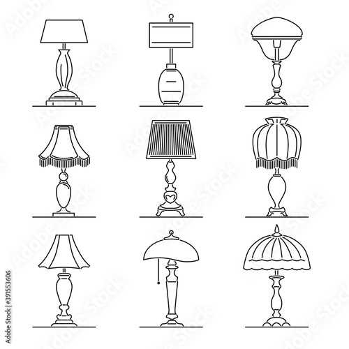 Set of simple vector images of retro table lamps with lampshade drawn in art line style.
