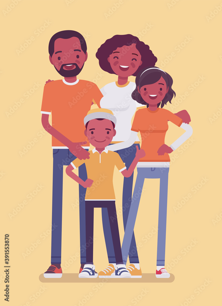 Happy black family of four full length portrait. Smiling parents