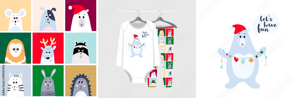 Seamless Christmas pattern and illustration for kid with funny pets Seamless Christmas pattern and illustration for kid with funny pets
