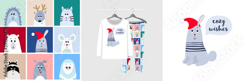 Seamless Christmas pattern and illustration for kid with funny pets