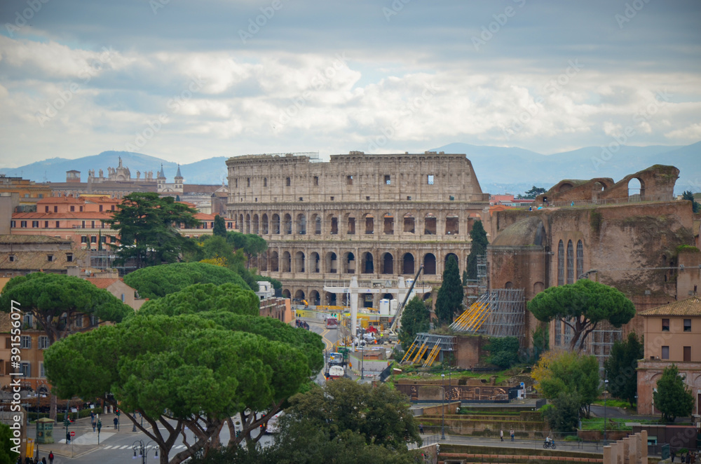 Panorama of Rome city with ancient buildings and trees