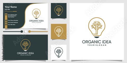 Organic logo with idea line art style and business card design template Premium Vector