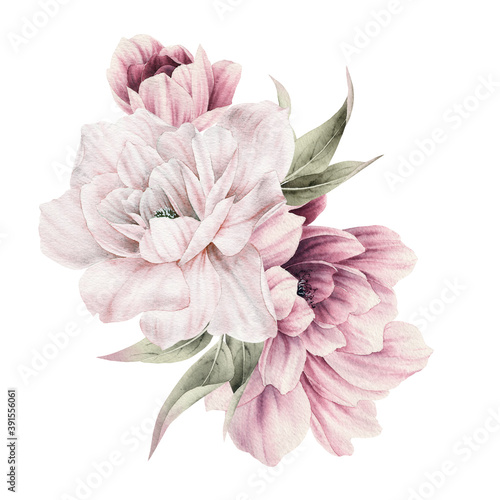 Fototapeta Naklejka Na Ścianę i Meble -  Bouquet of flowers, can be used as greeting card, invitation card for wedding, birthday and other holiday and  summer background. Watercolor illustration
