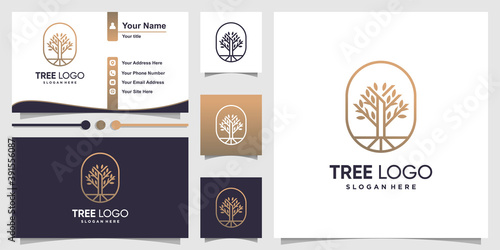 Tree logo with modern line art style and business card design template Premium Vector