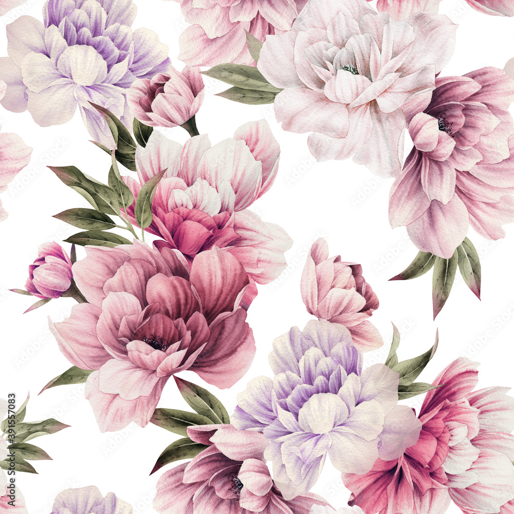 Fototapeta Seamless floral pattern with peony flowers on summer background, watercolor illustration. Template design for textiles, interior, clothes, wallpaper