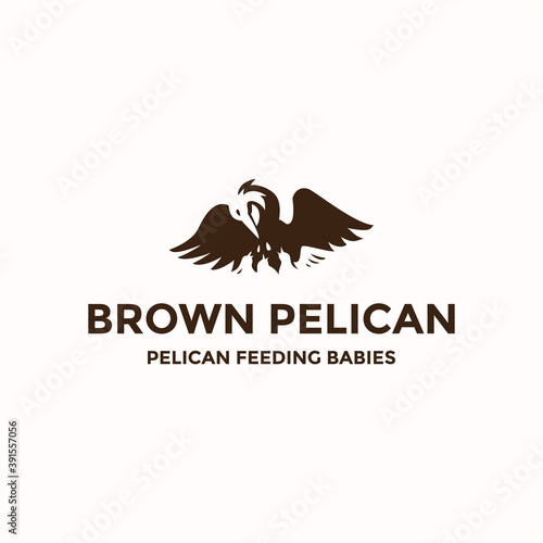 Brown pelican mother feed the babies simple flat logo and icon design