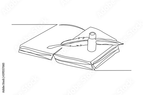 Continuous line drawing of quill pen ink and stack of book. One line art concept of vintage brush pen signature and lettering. Vector illustration