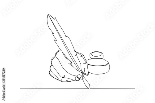 Continuous line drawing of hand writing use quill pen ink. One line art concept of vintage brush pen signature and lettering. Vector illustration