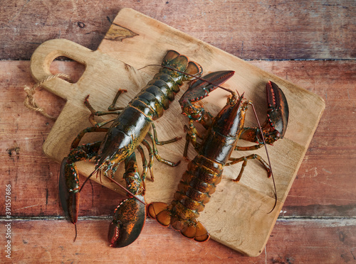 Fresh lobsters ready to be cooked. top view