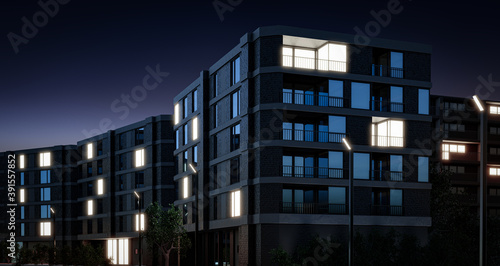 Modern apartment buildings exteriors. Night time