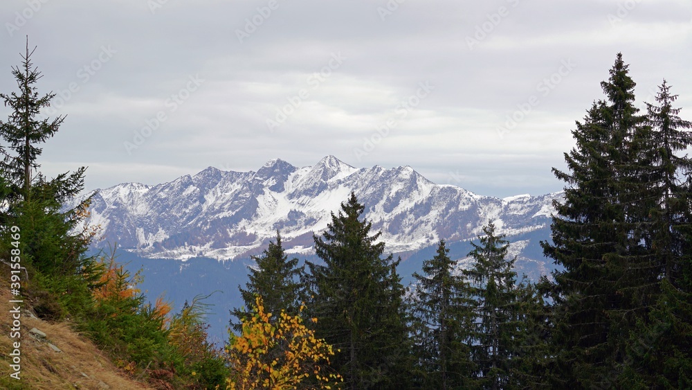 beautiful view in the morning to the snow capped alps in austria in autumn beautiful view in the morning to the snow capped alps in austria in autumn