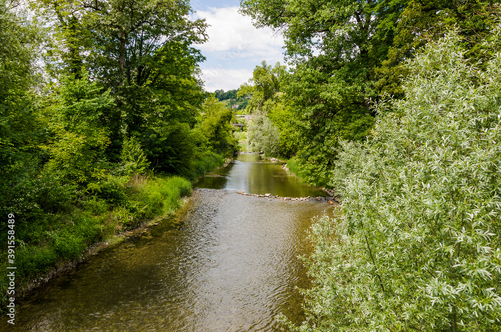 Naklejka premium Brugg, Wasserschloss, Flusslandschaft, Aare, Fluss, Aareuferschutzgebiet, Wald, Waldweg, Brückenwanderung, Auenschutzpark, Aargau, Sommer, Schweiz