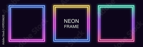 Gradient neon square Frame. Vector set of quadrate neon Border with double outline