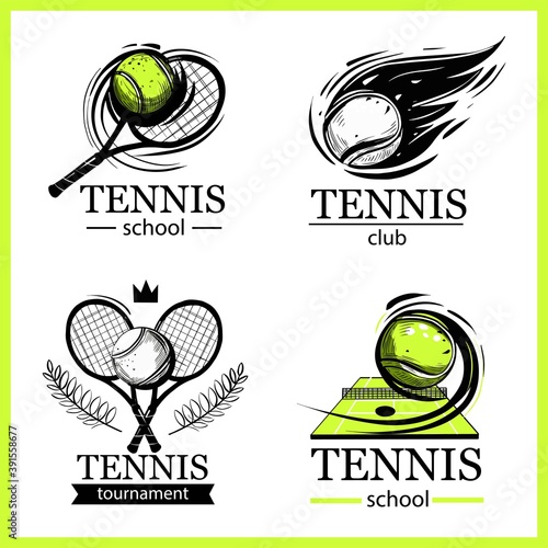 Set of tennis emblems. Tennis club, tennis school, tournament. Logo design, vector illustrations