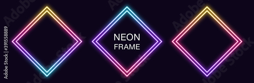 Gradient neon rhomb Frame. Vector set of rhombus neon Border with double outline