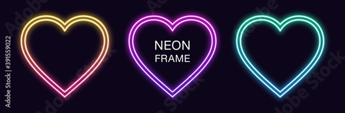 Gradient neon heart Frame. Vector set of romantic neon Border with double outline