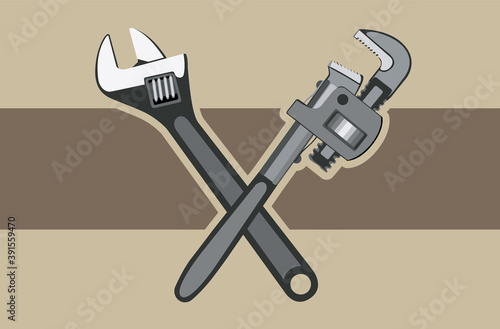 two crossed plumbing wrenches on two-tone brown background. Vector desing