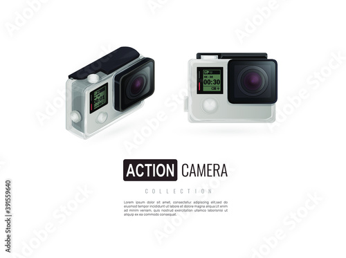 Action camera, camera. Isometric Action camera. Banner. Vector illustration