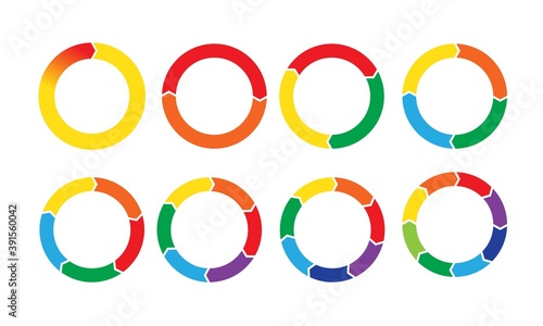 Pie chart circular diagrams with arrows. Business infographic circle sections and round donut pieces.
