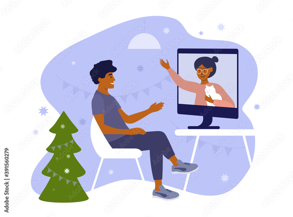 Young man and his elderly mother make online video call, celebrate Christmas or New year. Adult woman with cat talking with son use computer. Distant family meeting. Virtual chat vector illustration Young man and his elderly mother make online video call, celebrate Christmas or New year. Adult woman with cat talking with son use computer. Distant family meeting. Virtual chat vector illustration