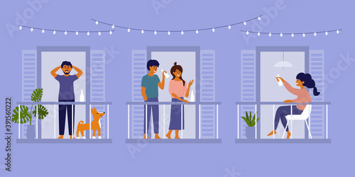 Young man and women having party on balconies of apartment building. Group of people hang out, relax staying home. Neighbours drink beverage from bottles. Neighbourhood activities vector illustration