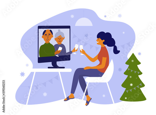 Young woman and her parents celebrate Christmas or New year use computer. Seniors and daughter make online video call on holidays. Virtual talk of elderly people and girl. Family vector illustration © OlgaStrelnikova