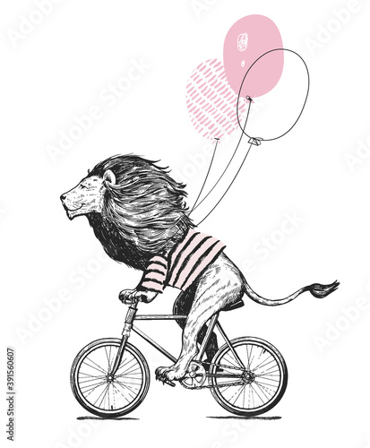 Cool Lion Wearing Stripped T-shirt Rides Bicycle with Balloons Vector Illustration. Vintage Mascot Cute Lion Cycle Bike Isolated on White. Happy Birthday Animal Character Black and White Sketch. Flat