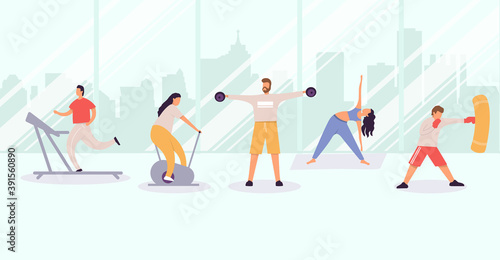 People exercising at gym, men and women exercising in city view, training and sport activity vector flat illustration