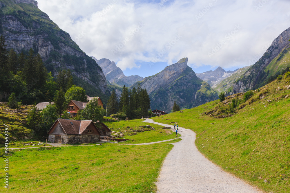 Fototapeta premium Seealpsee Switzerland Appenzeller Alps, houses, alm, hoher kasten, säntis, lake