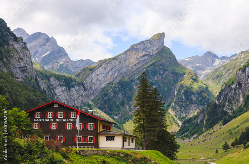 Seealpsee Switzerland Appenzeller Alps, houses, alm, hoher kasten, säntis, lake
