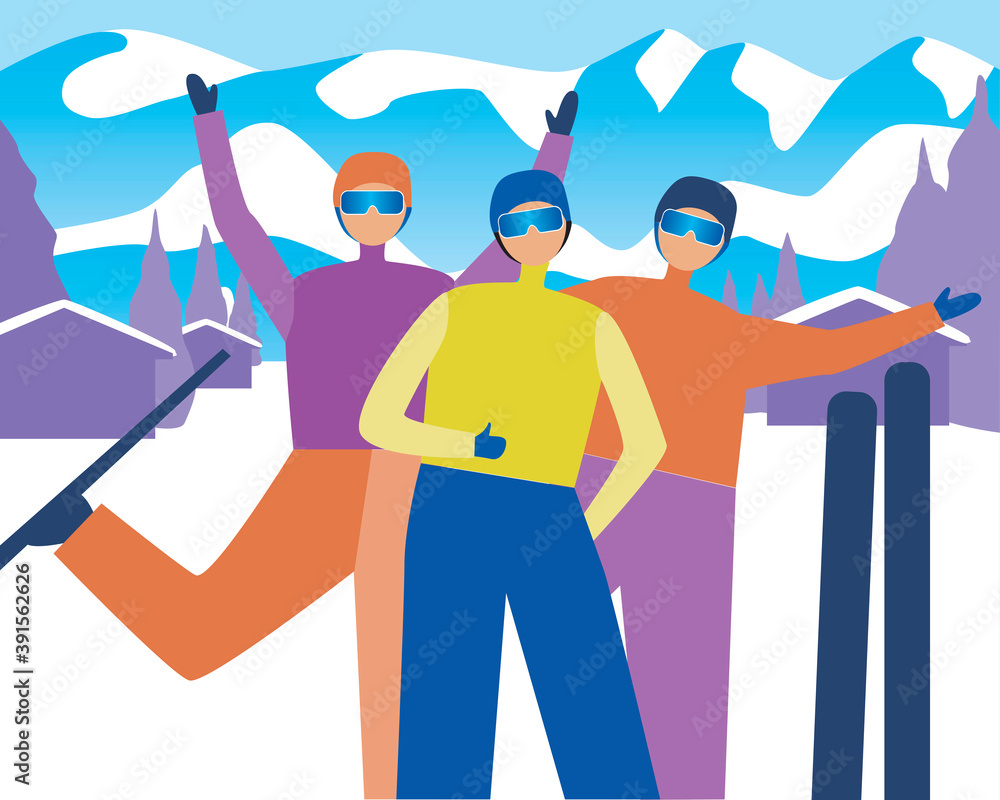 Fototapeta premium Friends at ski resort as happy skiers concept, flat vector stock illustration with people on travel